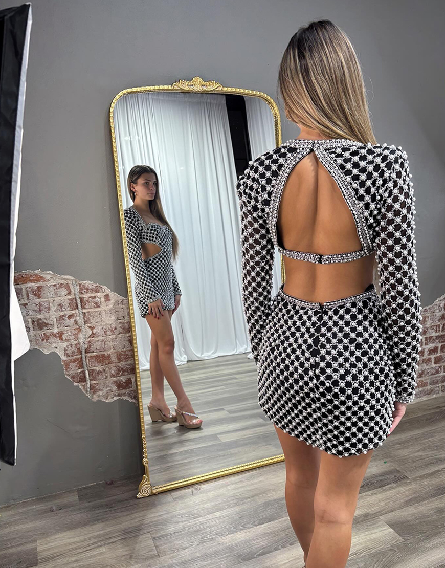 Sparkly Silver Short Tight Cut Out Homecoming Dress with Beading