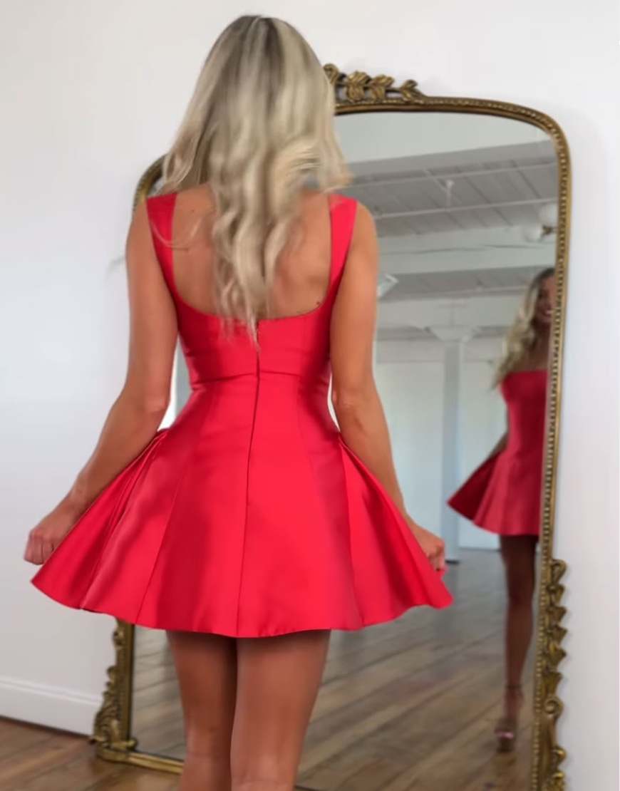 Simple A-Line Red Thick Straps Satin Short Homecoming Dress