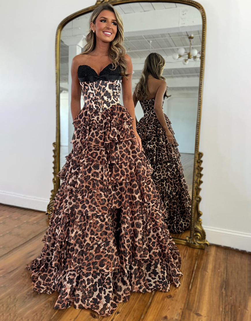 Brown Leopard Sweetheart A-Line Long Corset Ruffled Prom Dress with Slit