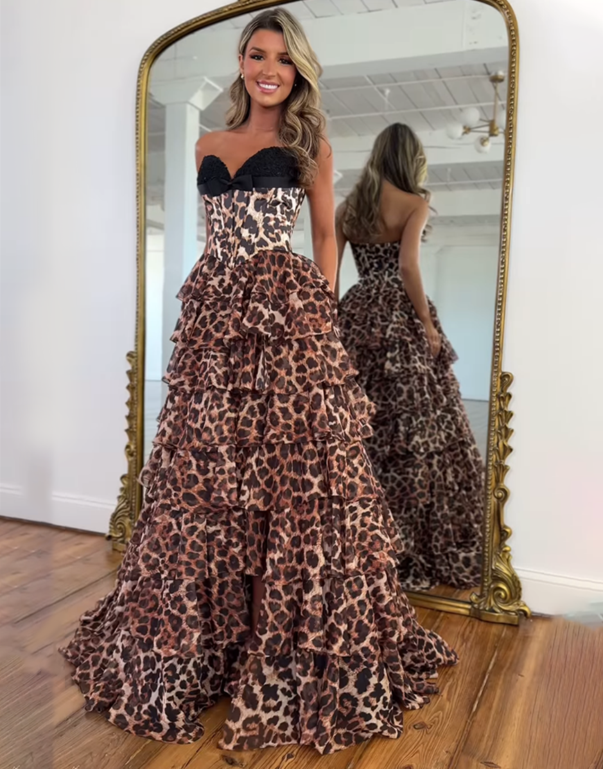 Berlinnova Women Brown Leopard Long Corset Ruffled Prom Dress with Slit A-Line Cheetah Print Sweetheart Pageant Dress with Appliques