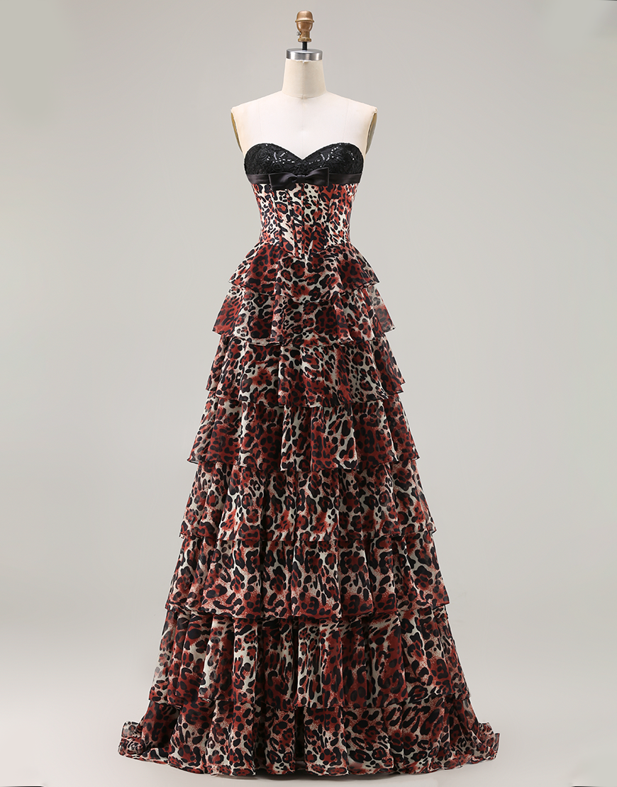 Brown Leopard Tiered Corset A Line Sweetheart Long Prom Dress