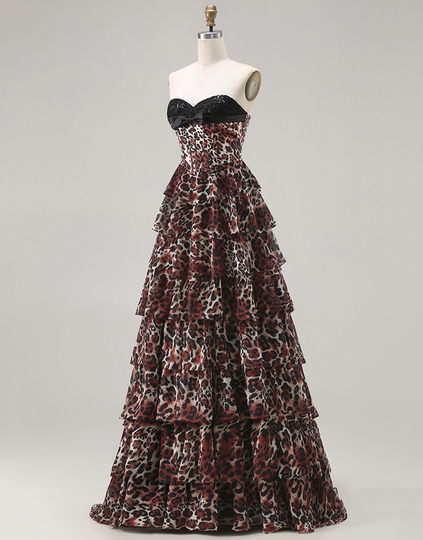 Brown Leopard Tiered Corset A Line Sweetheart Long Prom Dress