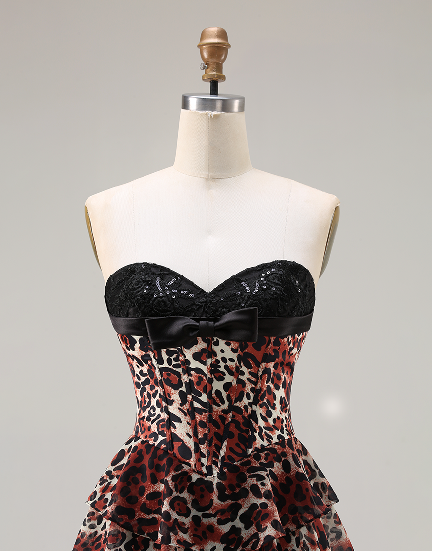 Brown Leopard Tiered Corset A Line Sweetheart Long Prom Dress