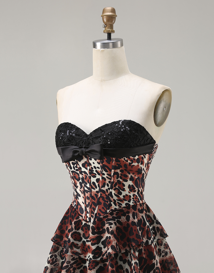 Brown Leopard Tiered Corset A Line Sweetheart Long Prom Dress