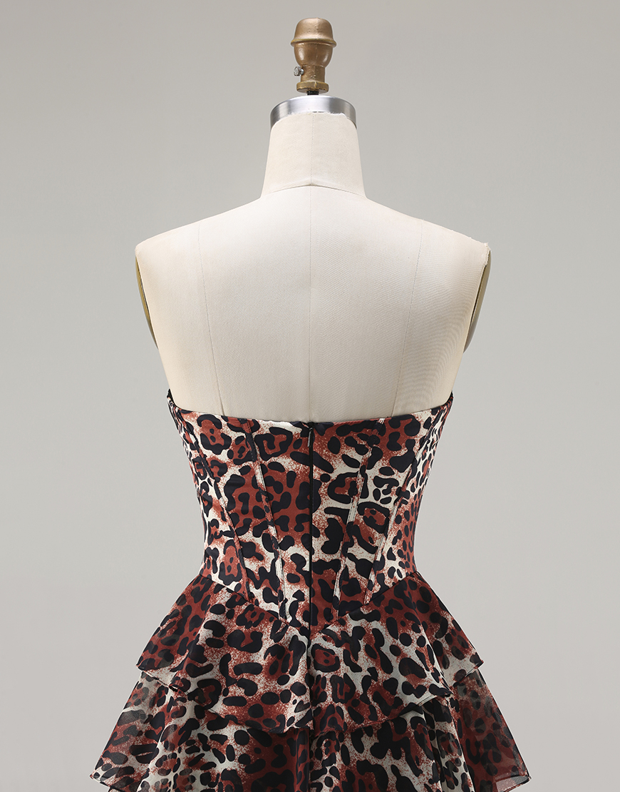 Brown Leopard Tiered Corset A Line Sweetheart Long Prom Dress