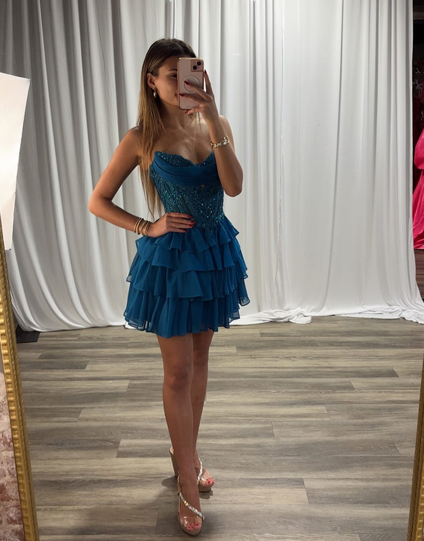 Sparkly Blue A-Line Beaded Corset Short Homecoming Dress with Ruffles