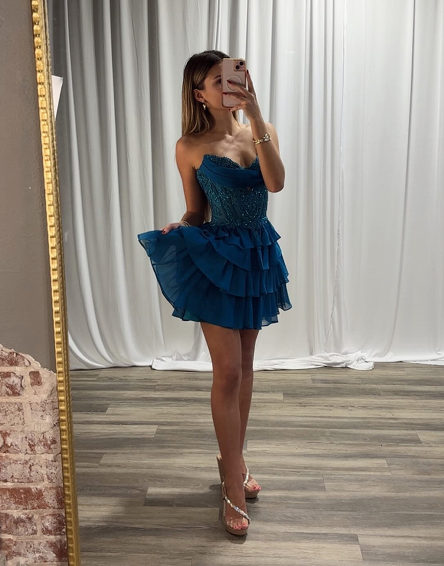 Sparkly Blue A-Line Beaded Corset Short Homecoming Dress with Ruffles