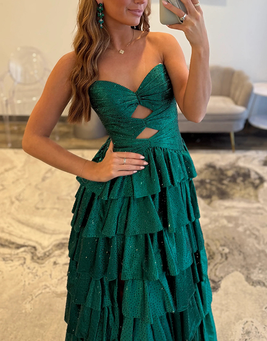 Sparkly Yellow A-Line Satin Sweetheart Ruffled Cut-Out Long Prom Dress with Beading