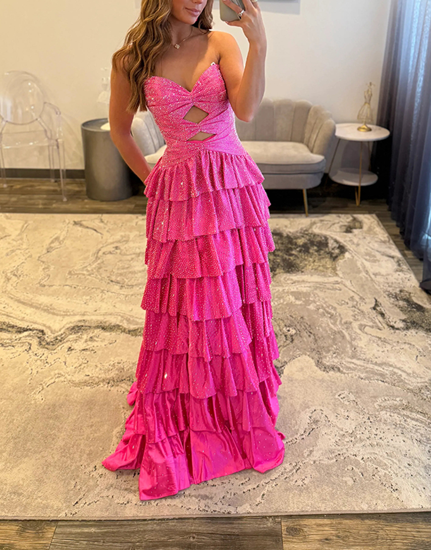 Sparkly Yellow A-Line Satin Sweetheart Ruffled Cut-Out Long Prom Dress with Beading