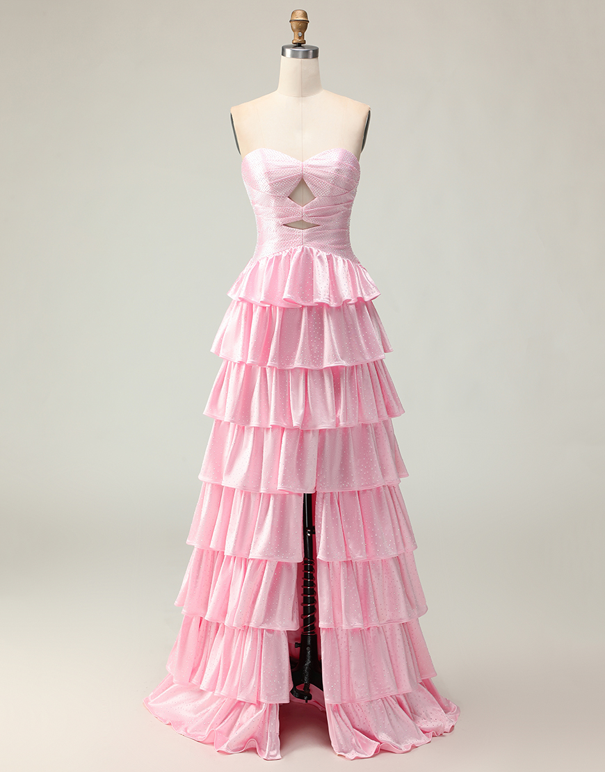 Sparkly Pink Strapless Long Ruffled Prom Dress with Keyhole