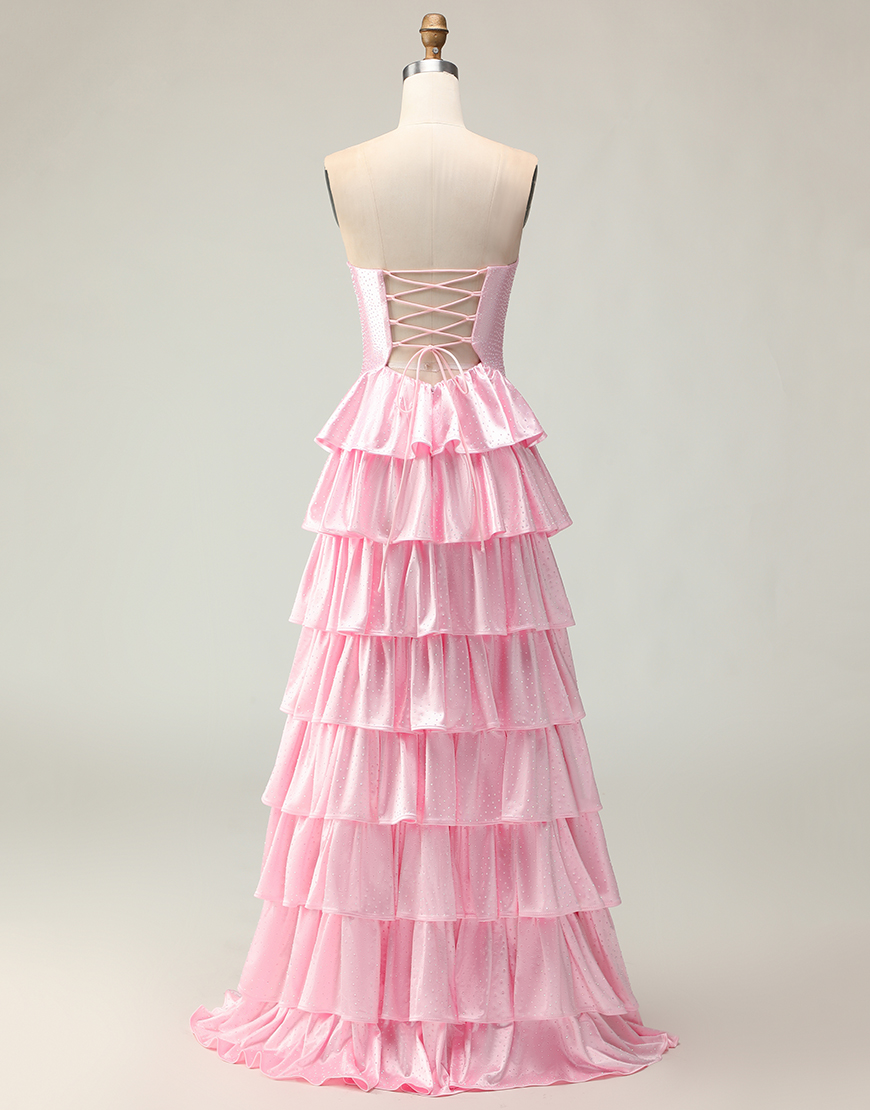 Sparkly Pink Strapless Long Ruffled Prom Dress with Keyhole