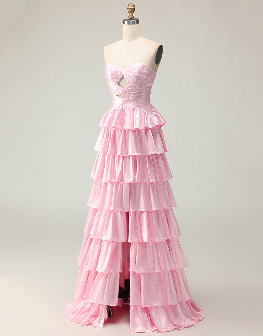 Sparkly Pink Strapless Long Ruffled Prom Dress with Keyhole