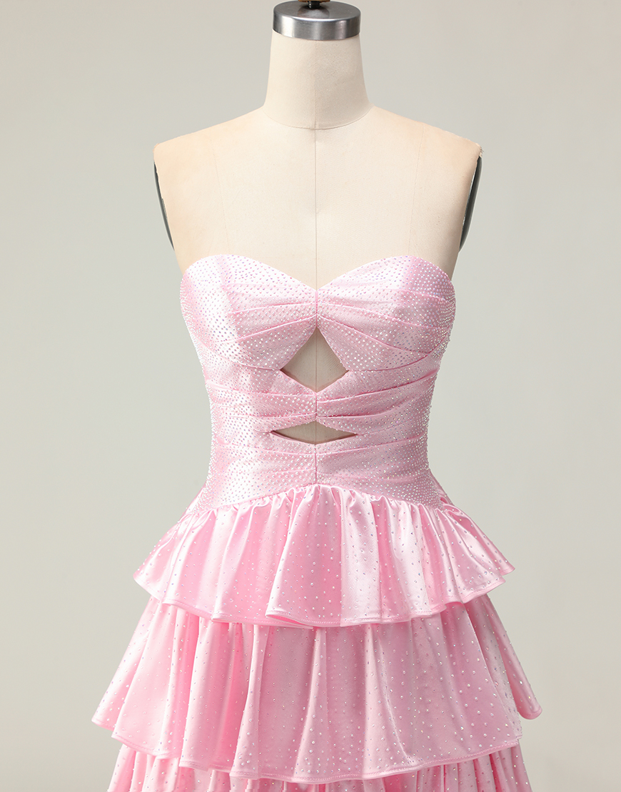 Sparkly Pink Strapless Long Ruffled Prom Dress with Keyhole