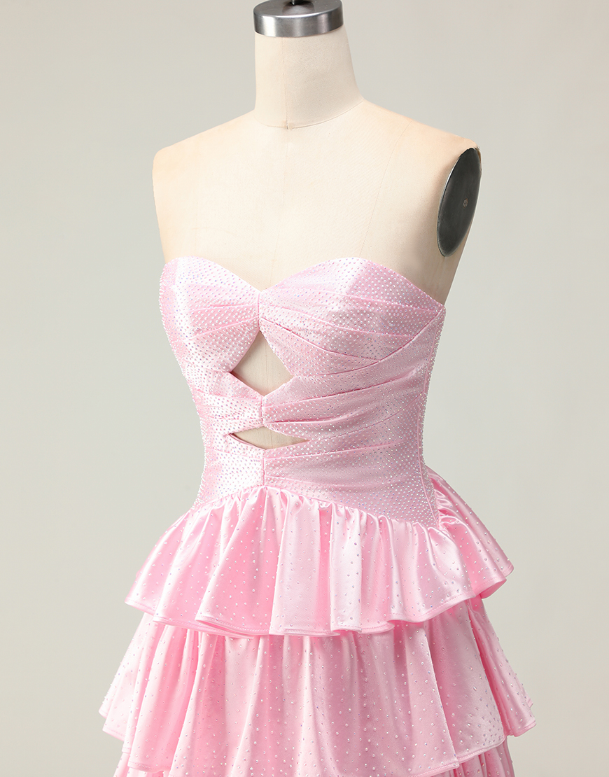 Sparkly Pink Strapless Long Ruffled Prom Dress with Keyhole