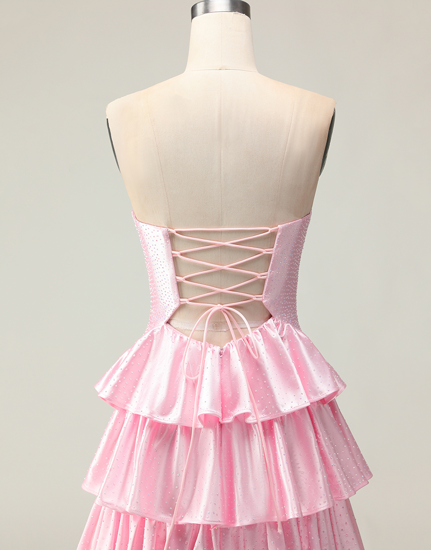 Sparkly Pink Strapless Long Ruffled Prom Dress with Keyhole