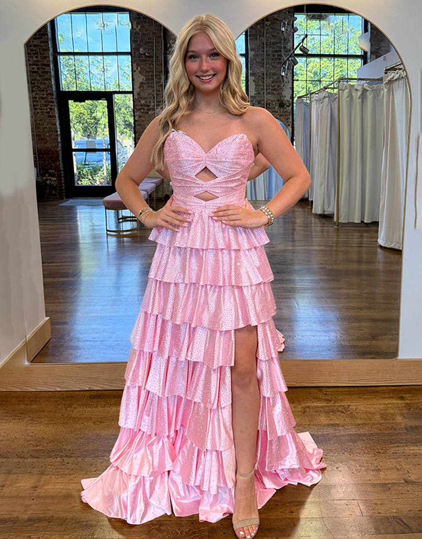 Sparkly Yellow A-Line Satin Sweetheart Ruffled Cut-Out Long Prom Dress with Beading