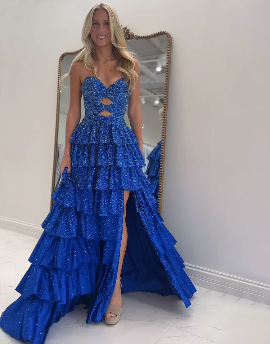 Sparkly Yellow A-Line Satin Sweetheart Ruffled Cut-Out Long Prom Dress with Beading