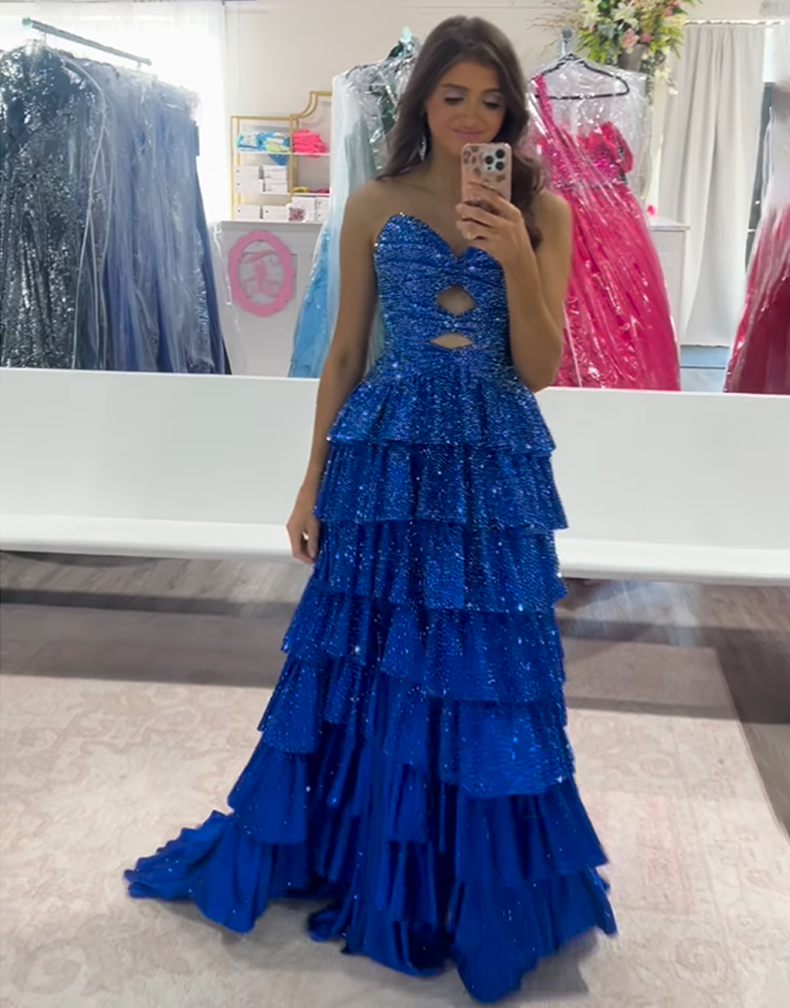 Sparkly Yellow A-Line Satin Sweetheart Ruffled Cut-Out Long Prom Dress with Beading