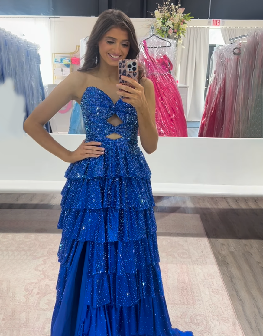 Sparkly Yellow A-Line Satin Sweetheart Ruffled Cut-Out Long Prom Dress with Beading