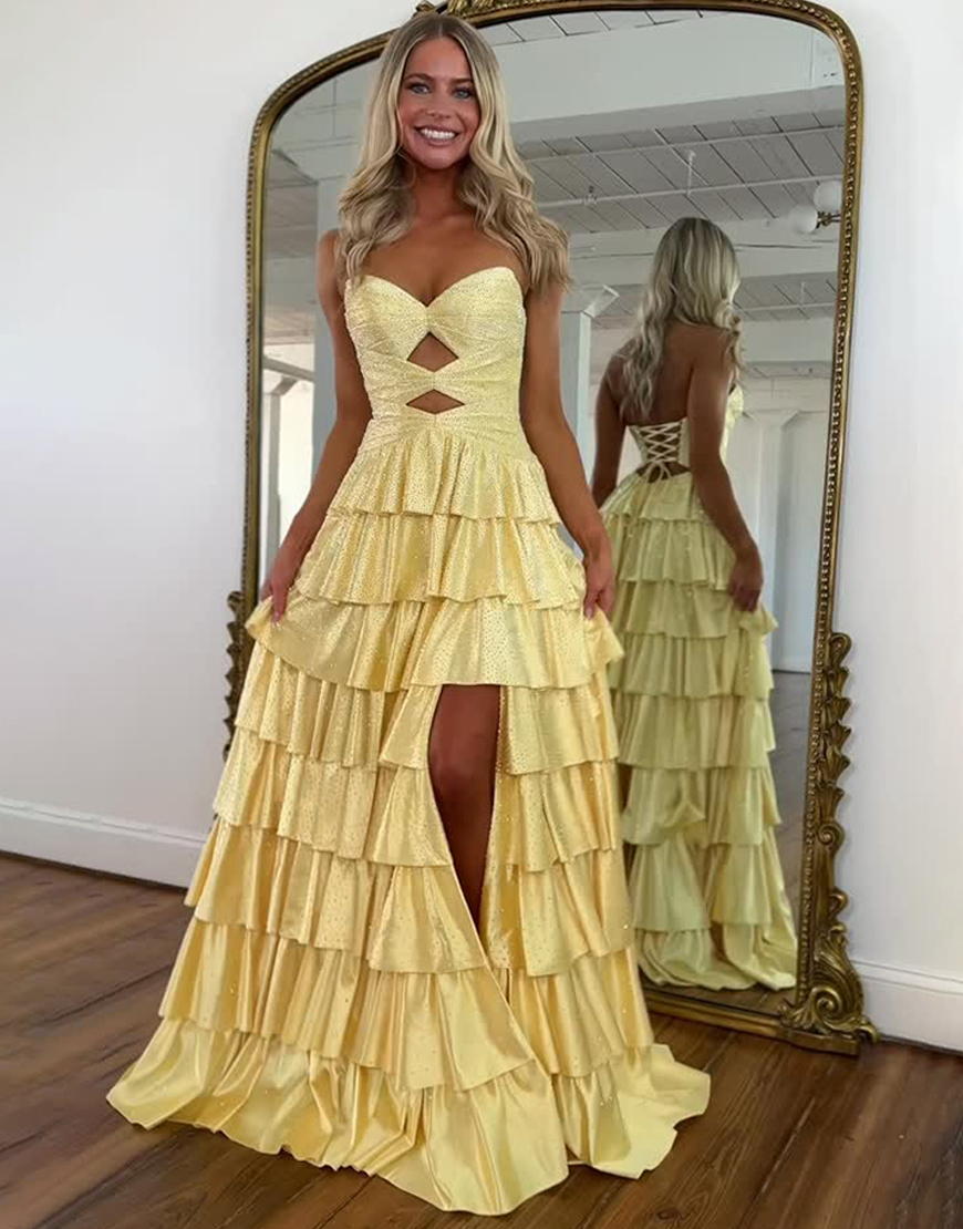 Berlinnova Women Sparkly Yellow A-Line Satin Ruffled Long Gala Dress with Beading Sweetheart Princess Cut-Out Pageant Dress with Slit
