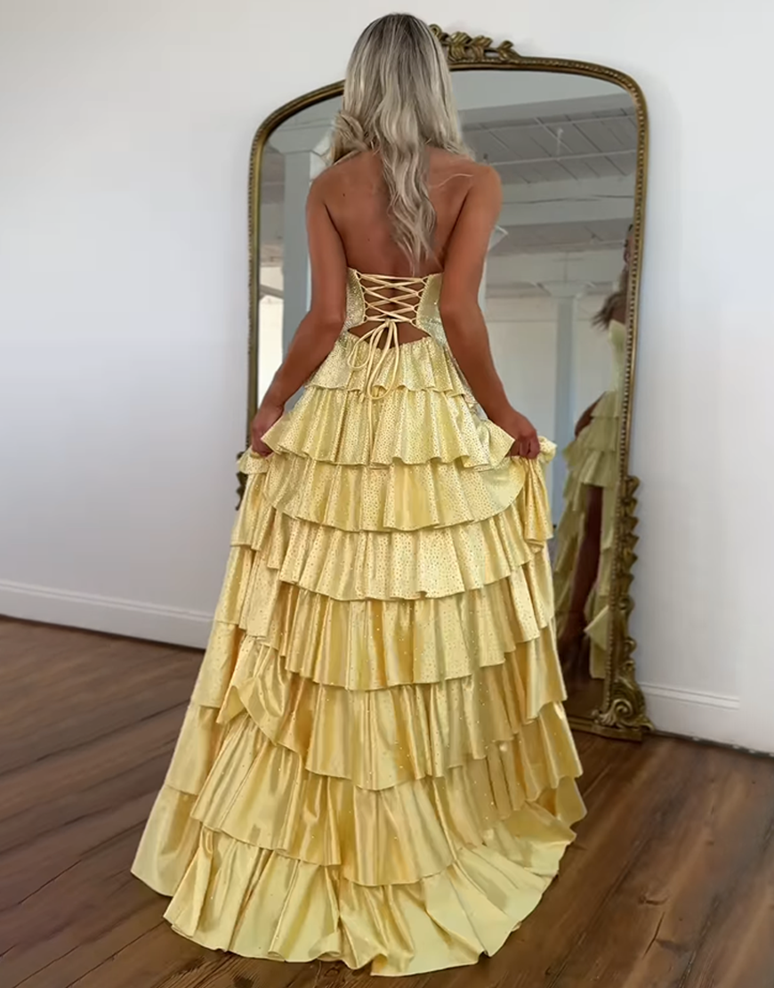 Sparkly Yellow A-Line Satin Sweetheart Ruffled Cut-Out Long Prom Dress with Beading