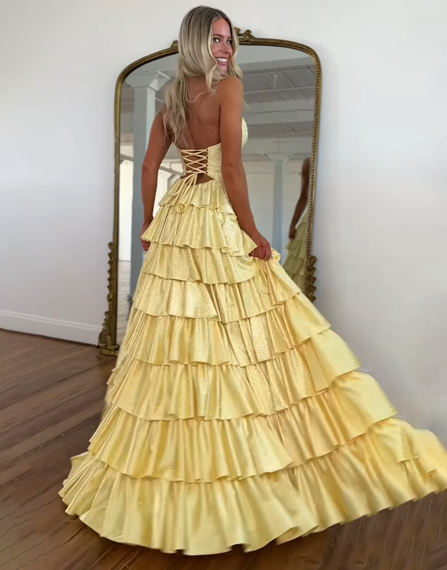 Sparkly Yellow A-Line Satin Sweetheart Ruffled Cut-Out Long Prom Dress with Beading