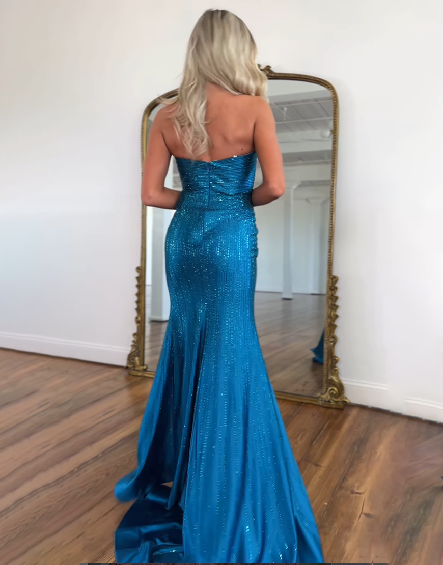 Sparkly Blue Mermaid Sweetheart Beaded Cut-Out Long Prom Dress with Slit