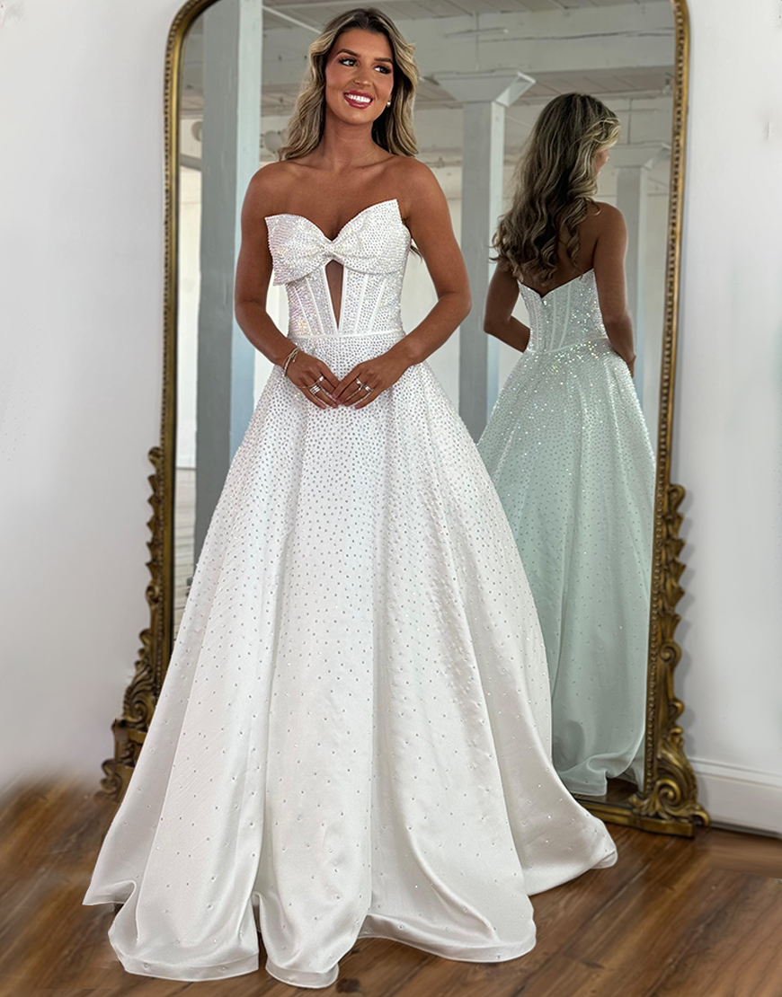 Berlinnova Women Sparkly White Princess Long Beaded Prom Dress with Bow Sweetheart Corset A-Line Pageant Dress