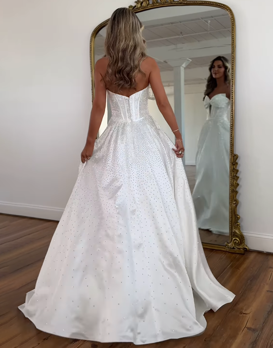 Sparkly White Sweetheart Princess Long Beaded Corset Prom Dress with Bow