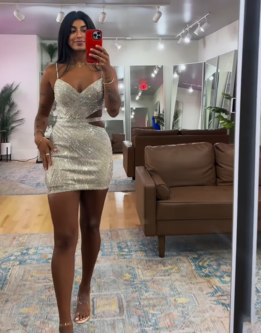 Sparkly Blue Spaghetti Straps Short Beaded Tight Cut-Out Homecoming Dress