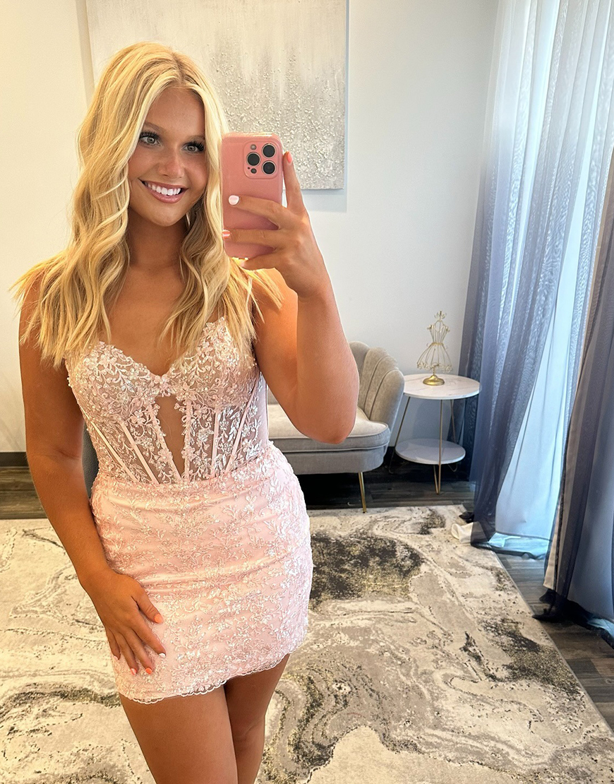 Pink Tight Corset Short Homecoming Dress with Appliques