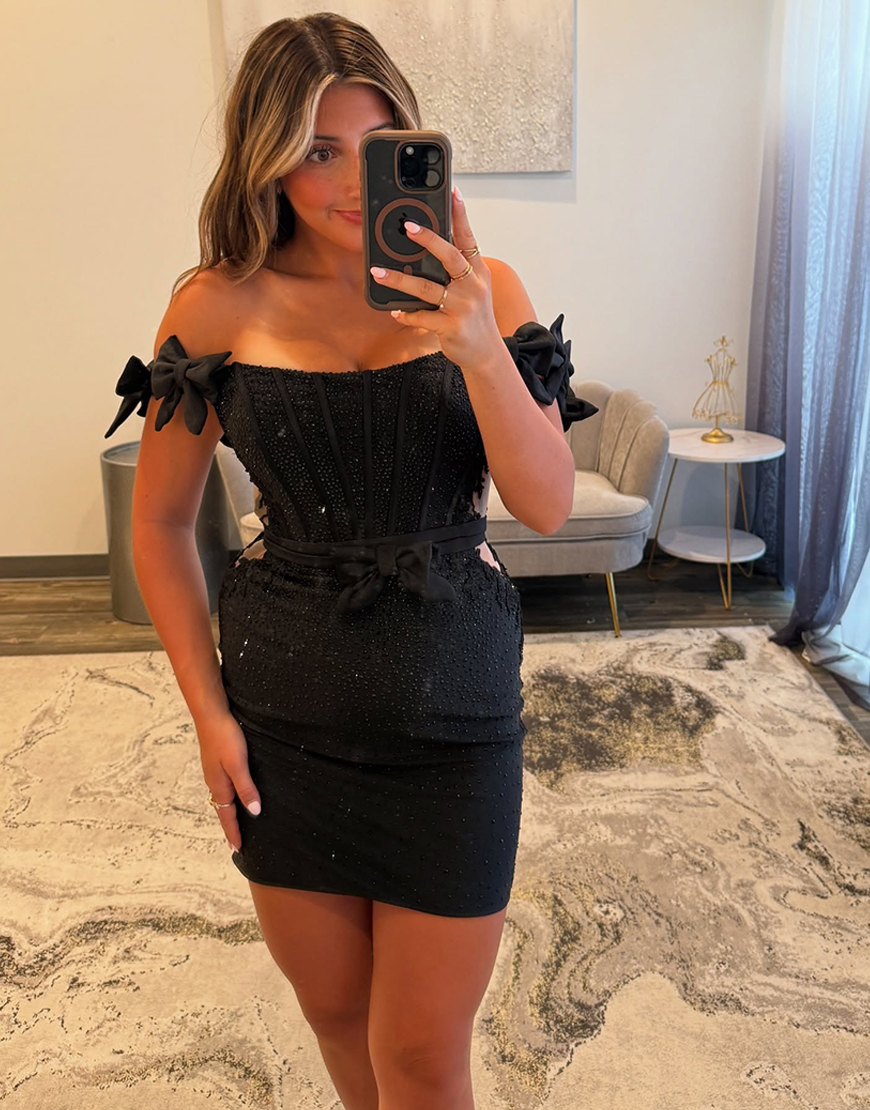 Sparkly Royal Blue Beaded Short Tight Corset Homecoming Dress with Bows