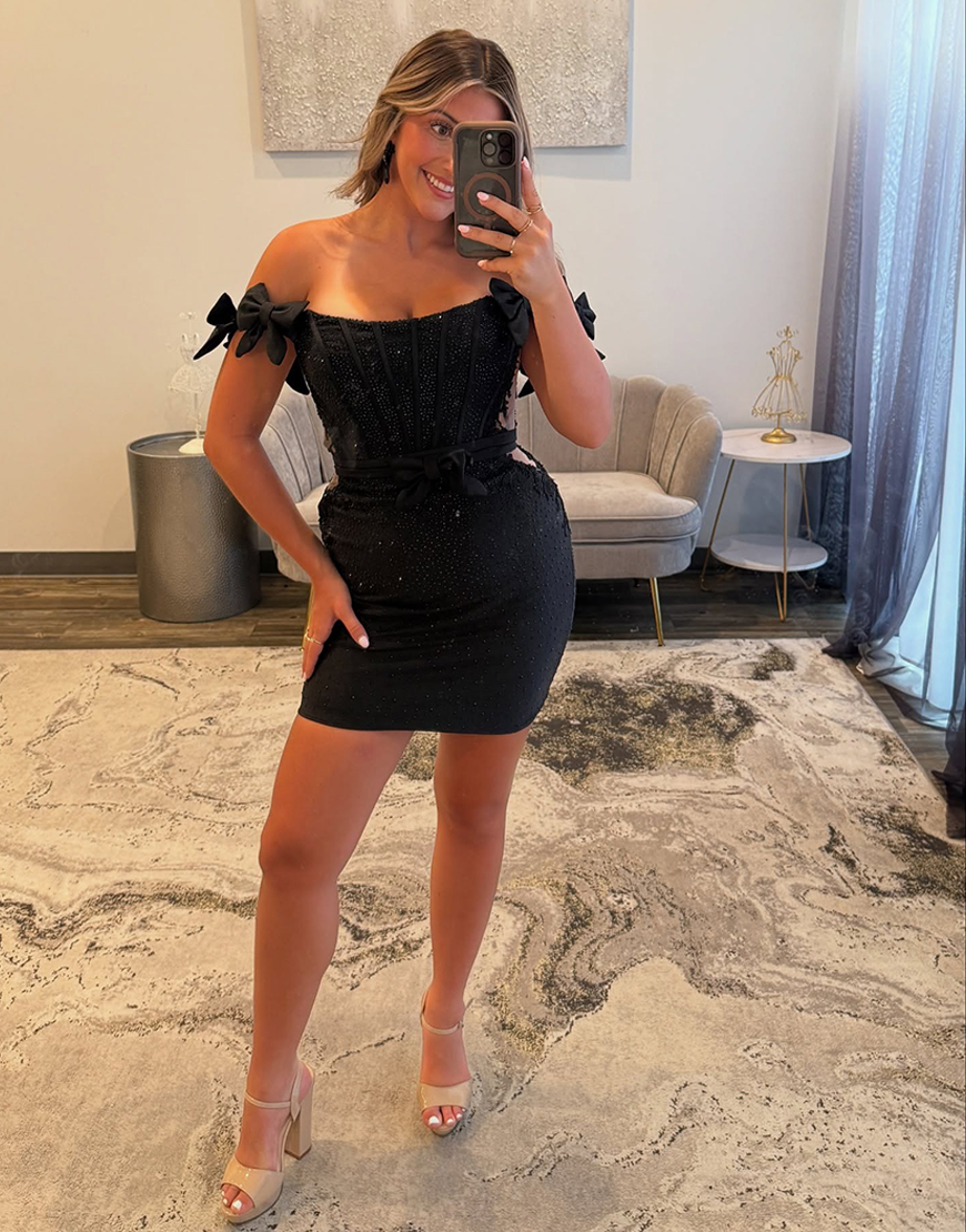 Sparkly Royal Blue Beaded Short Tight Corset Homecoming Dress with Bows