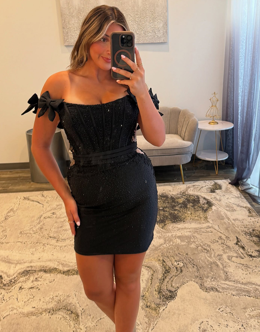 Sparkly Royal Blue Beaded Short Tight Corset Homecoming Dress with Bows