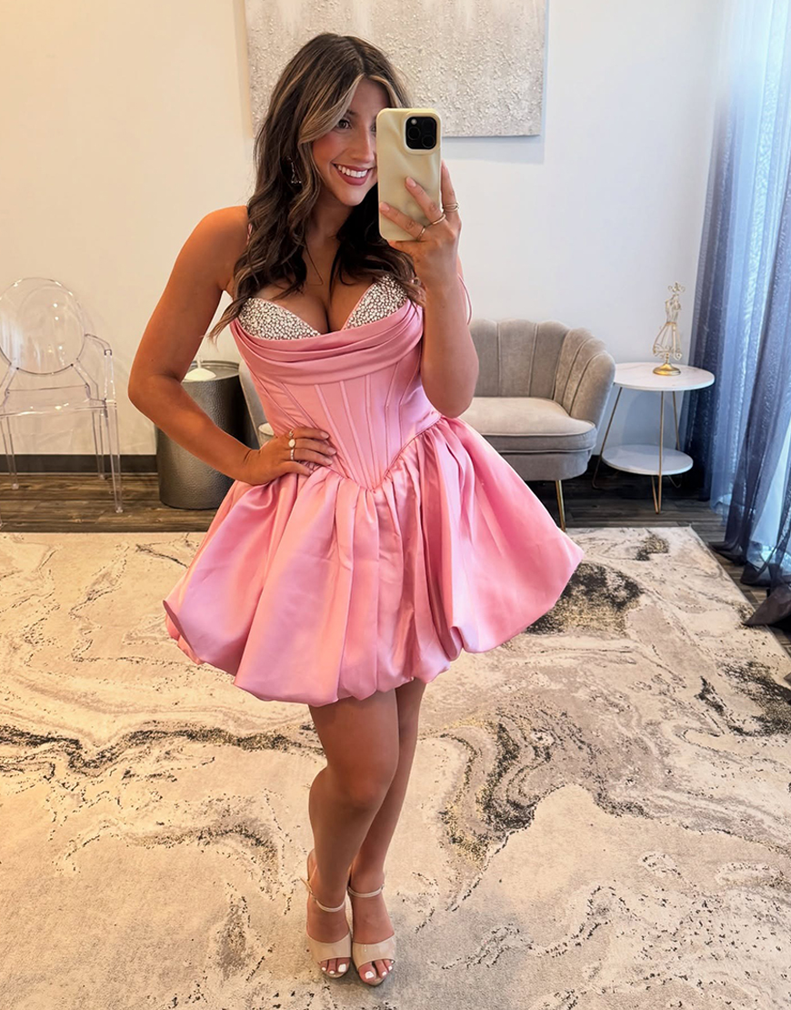 Sparkly Pink A-Line Spaghetti Straps Satin Corset Short Homecoming Dress with Beading