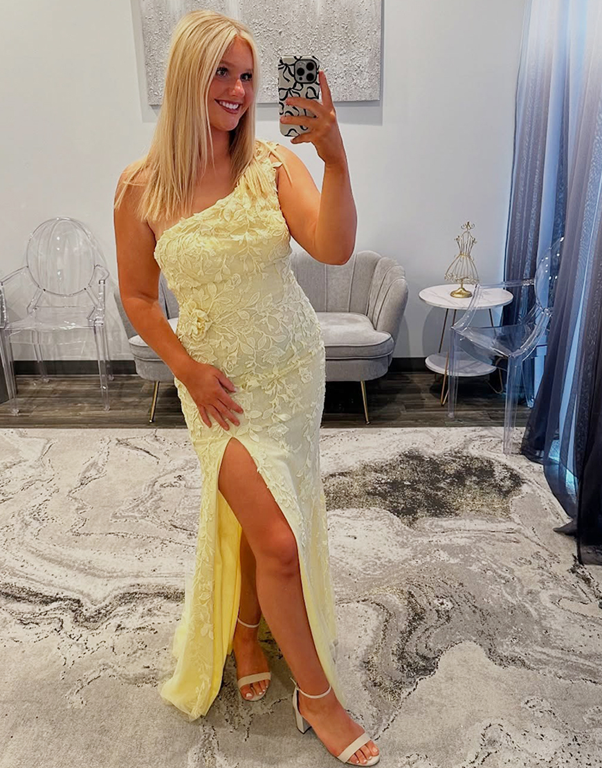 Yellow Mermaid One Shoulder Appliqued Long Prom Dress with Slit