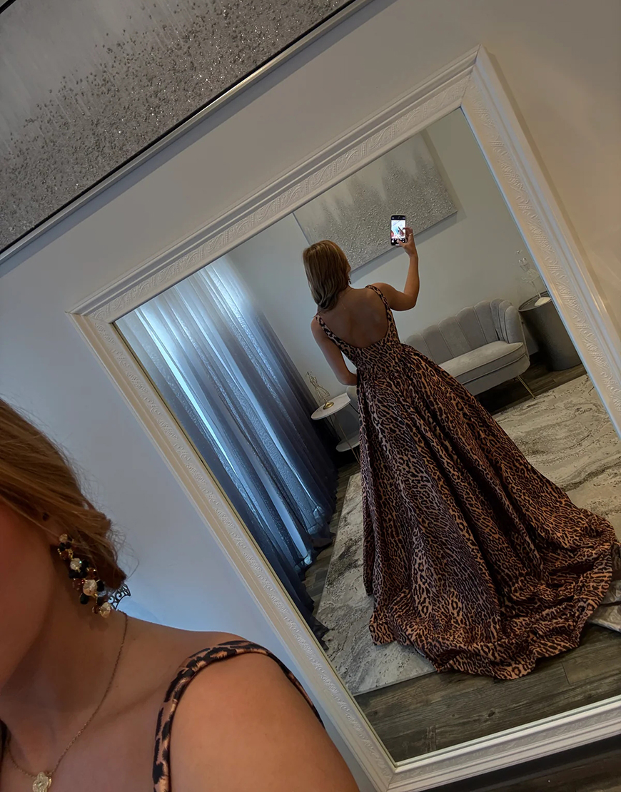 Brown Leopard Thick Straps Long A-Line Corset Prom Dress with Slit