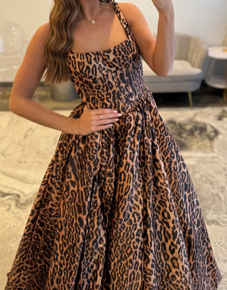 Brown Leopard Thick Straps Long A-Line Corset Prom Dress with Slit
