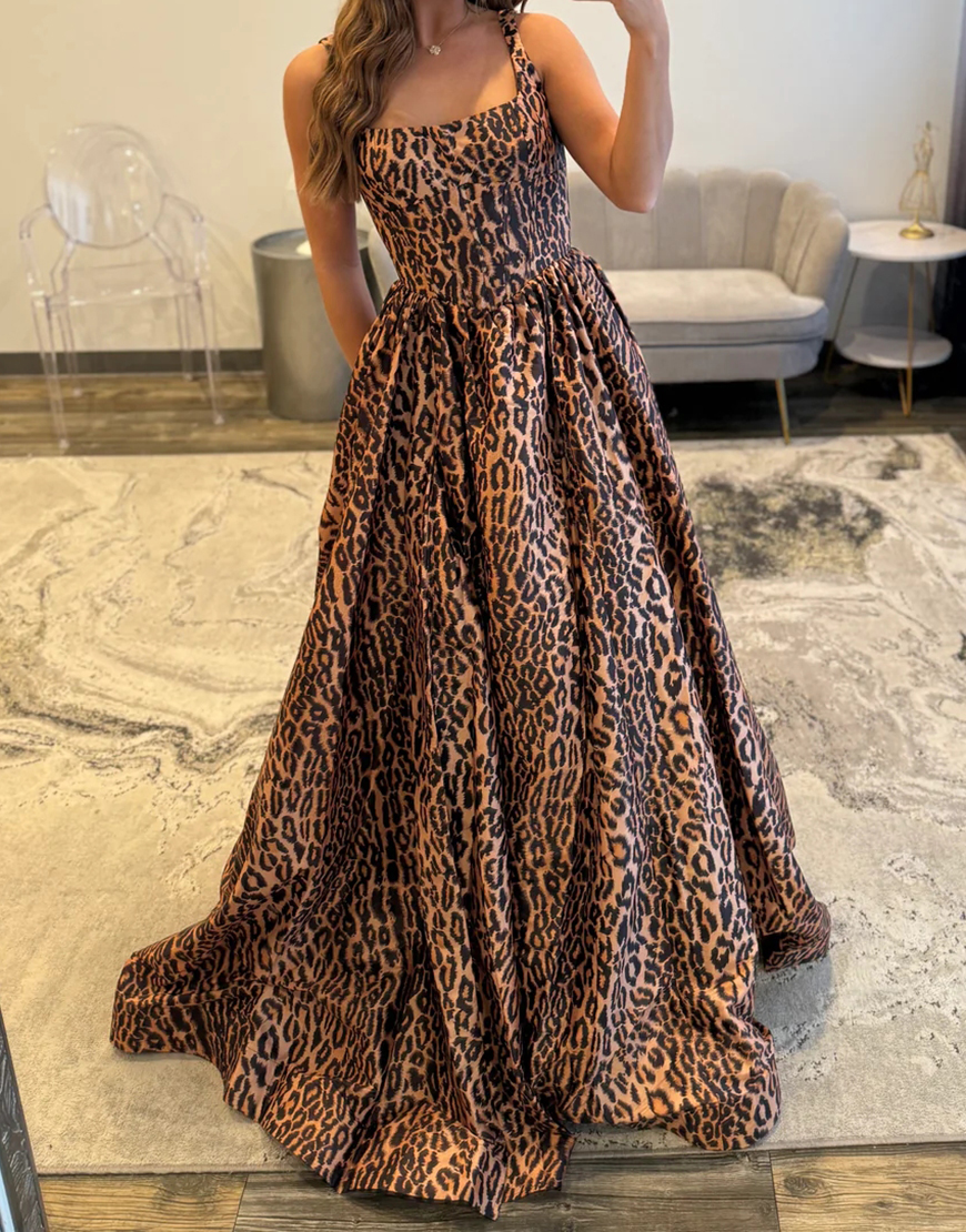 Brown Leopard Thick Straps Long A-Line Corset Prom Dress with Slit