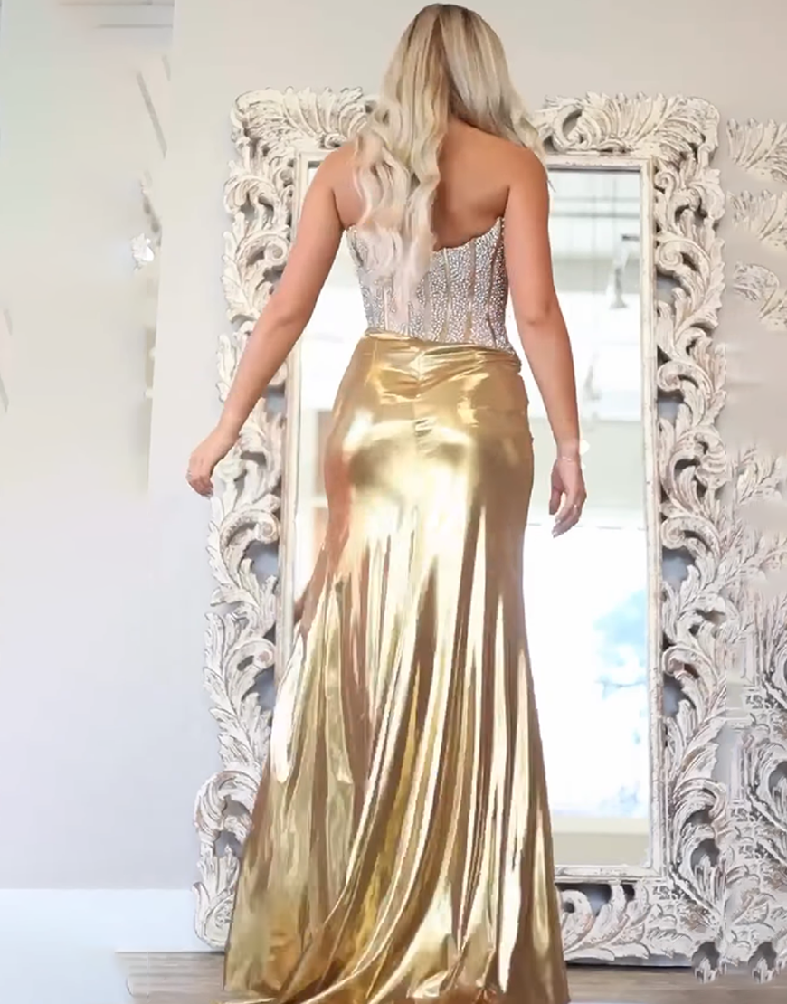 Sparkly Gold Strapless Metallic Long Mermaid Corset Prom Dress with Beading