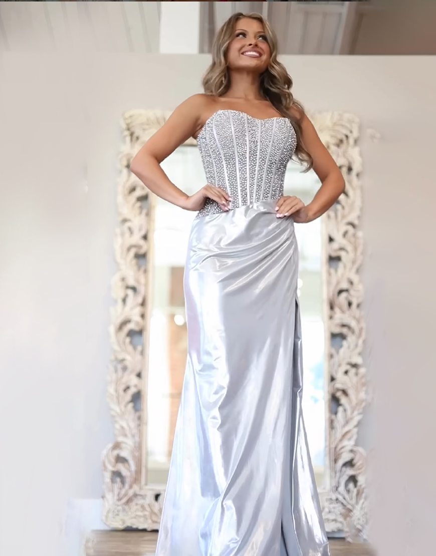 Sparkly Gold Strapless Metallic Long Mermaid Corset Prom Dress with Beading