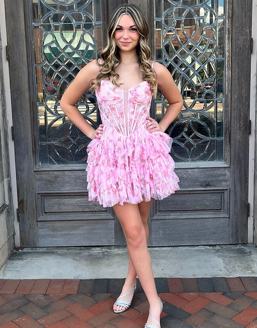 Pink Floral A-Line Spaghetti Straps Ruffled Corset Short Homecoming Dress