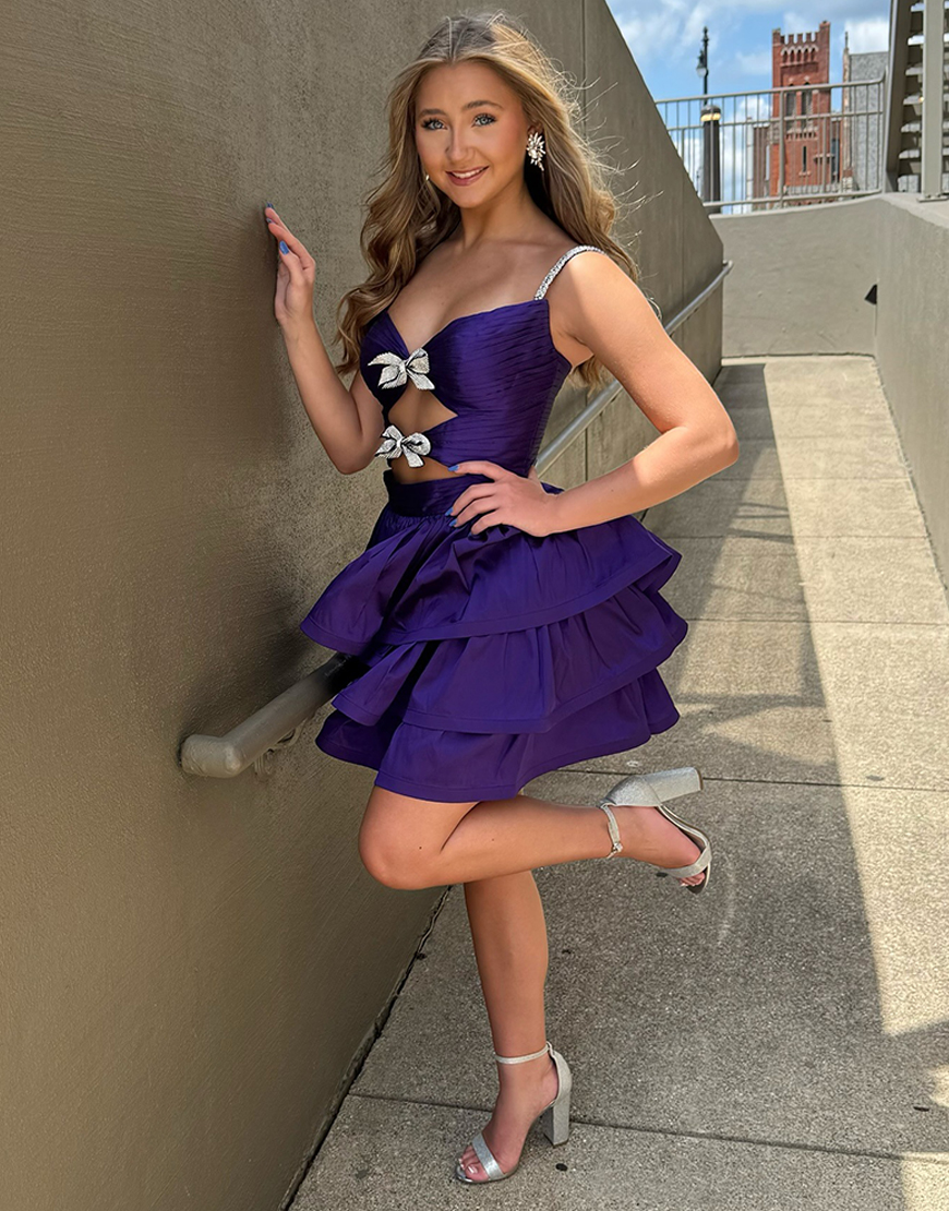 Sparkly Purple Spaghetti Straps A-Line Short Ruffled Homecoming Dress with Bows