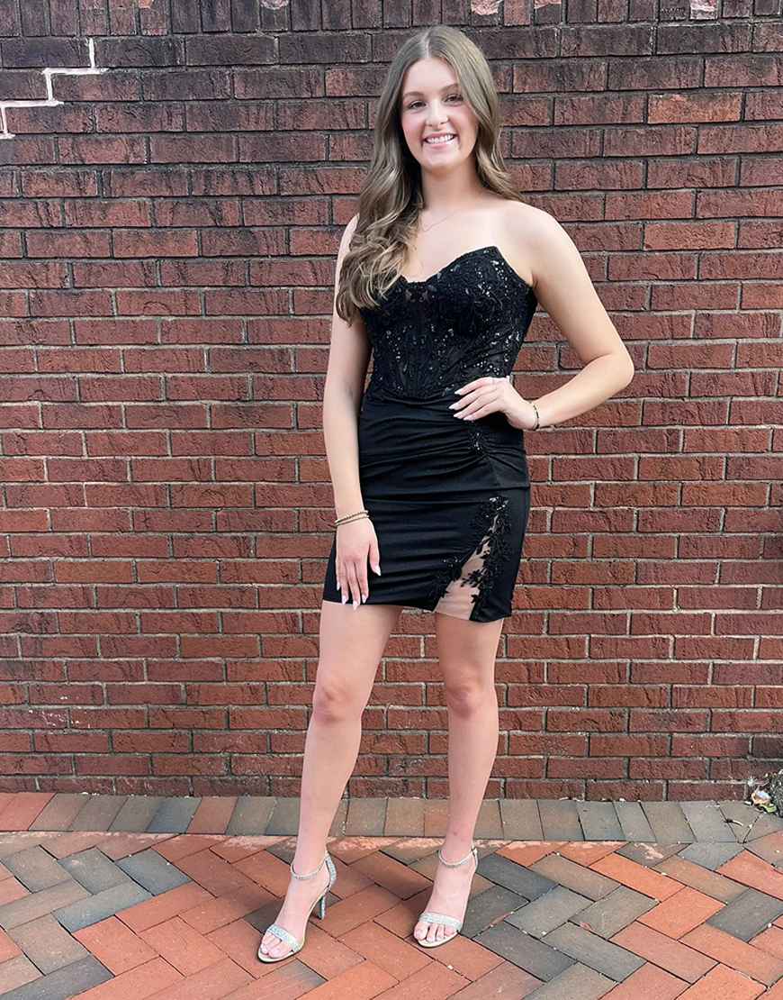 Black Sweetheart Tight Corset Short Satin Homecoming Dress with Appliques