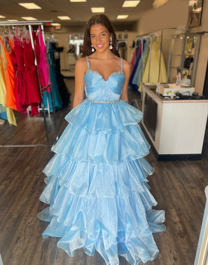 Sparkly Light Blue A-Line Organza Spaghetti Straps Ruffled Long Prom Dress with Beading