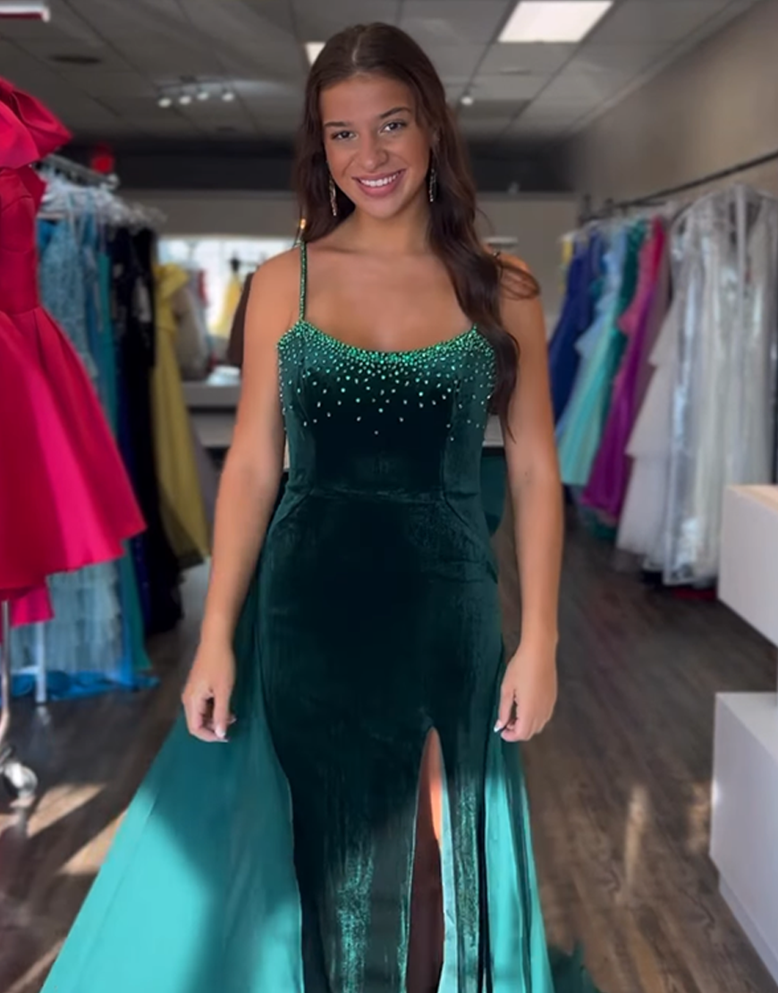 Sparkly Dark Green Mermaid Velvet Spaghetti Straps Long Prom Dress with Beading