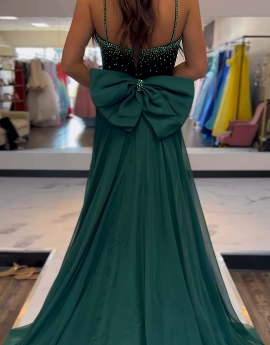Sparkly Dark Green Mermaid Velvet Spaghetti Straps Long Prom Dress with Beading