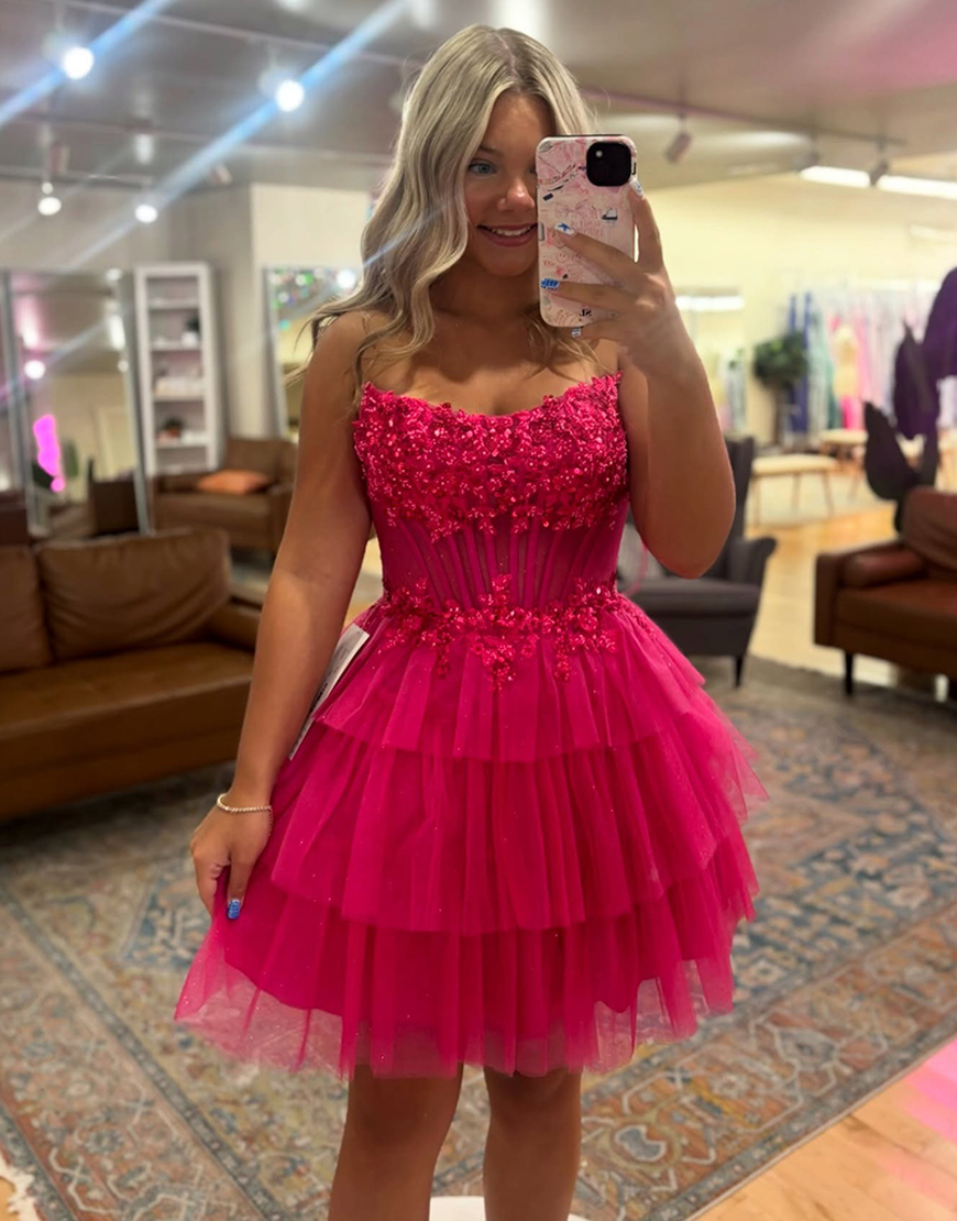 Sparkly Fuchsia A Line Tulle Ruffled Short Corset Homecoming Dress with Beading