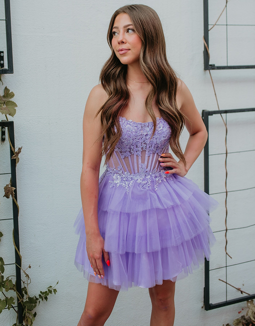 Sparkly Fuchsia A Line Tulle Ruffled Short Corset Homecoming Dress with Beading