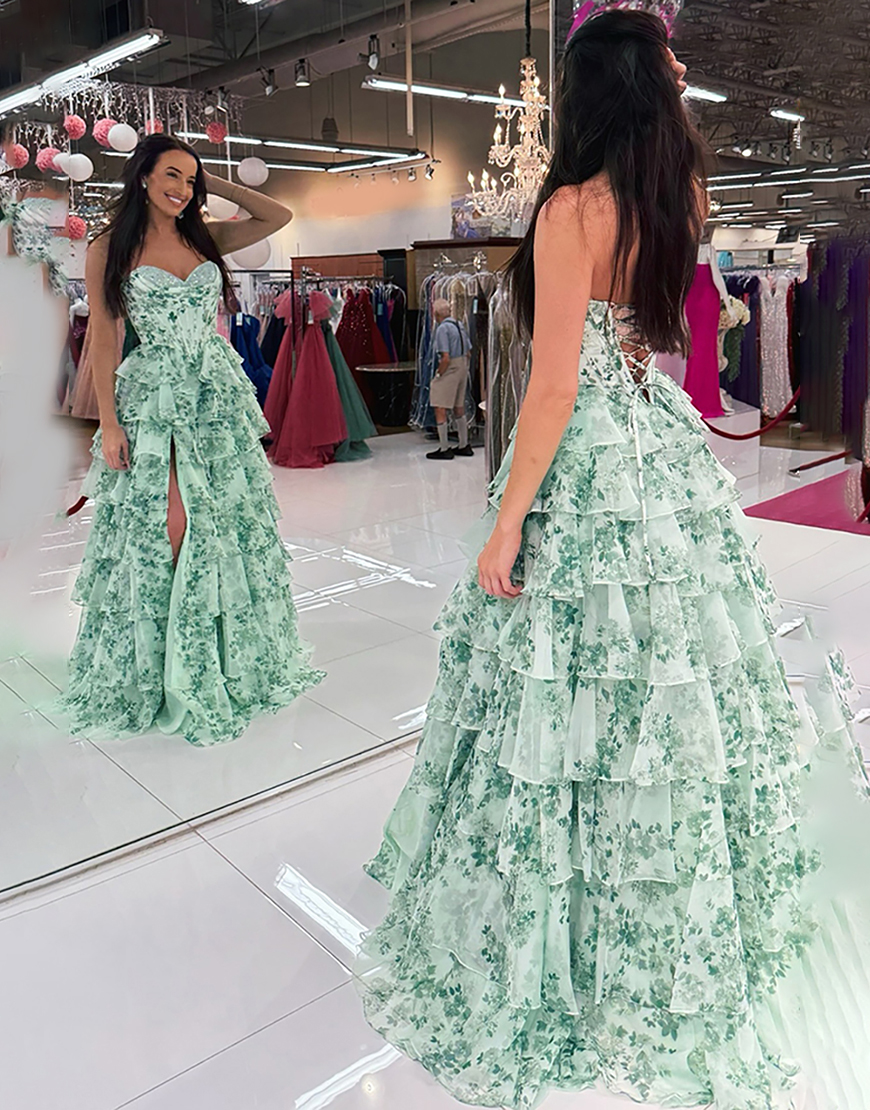 Light Green Floral A-Line Sweetheart Ruffled Long Corset Prom Dress with Slit